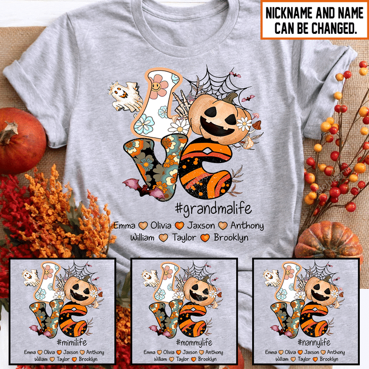 Love Grandma Life Mimi Nana Memaw Halloween Night Grandma Shirt With Grandkids Names - Personalized Custom Name Shirt Gift For Grandma & Mom