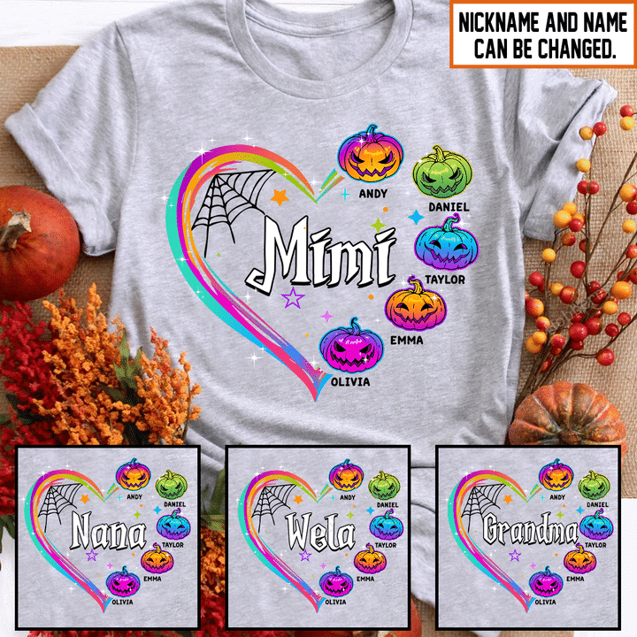 Mimi Colorful Pumpkins Heart Halloween Grandma Shirt With Grandkids Names - Personalized Name Shirt Custom Gift For Grandma & Mom