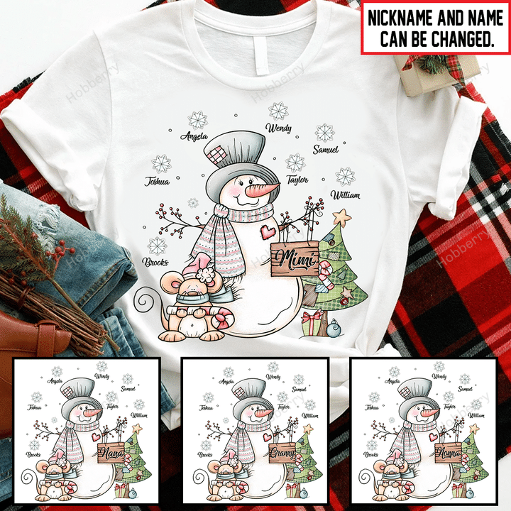 Mimi Memaw Cute Snowman Winter Christmas Season Grandma Shirt With Grandkids Names - Personalized Name Shirt Custom Gift For Grandma & Mom