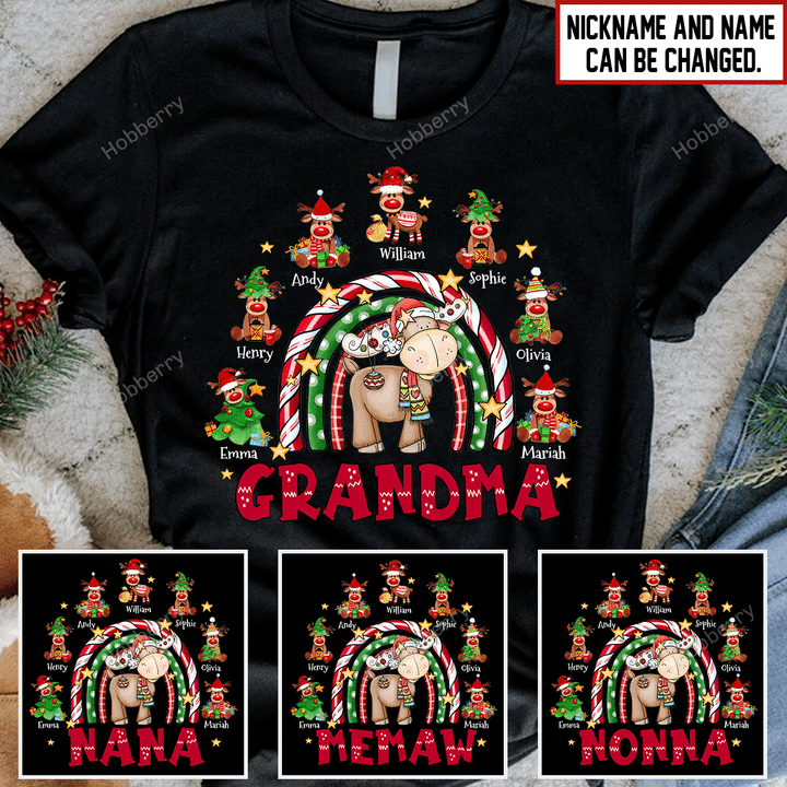 Grandma Reindeer Winter Christmas Season Grandma Shirt With Grandkids Names - Personalized Name Shirt Custom Gift For Grandma & Mom