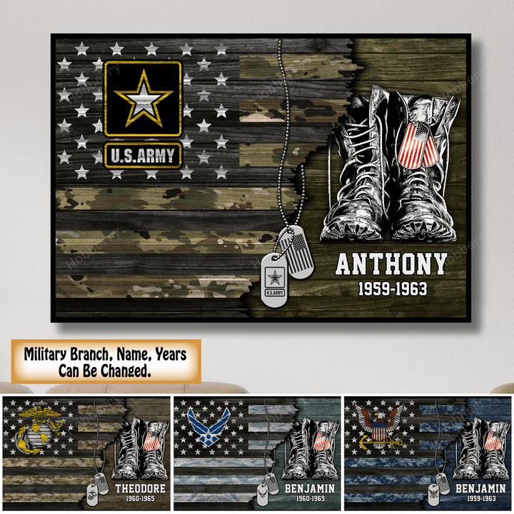 Personalized Army Navy Marine Air Force Coast Guard Military Veteran Half Camouflage Flag Veterans Day Memorial Day Gift - Personalized Custom Poster & Canvas