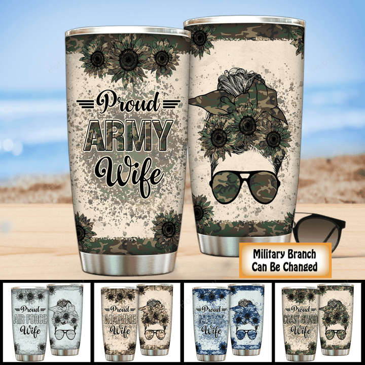 Personalized Proud Military Wife Tumbler For Army Navy Marine Air Force Coast Guard Veterans Day Memorial Day Gift Military Insulated Stainless Steel Tumbler 20oz / 30oz