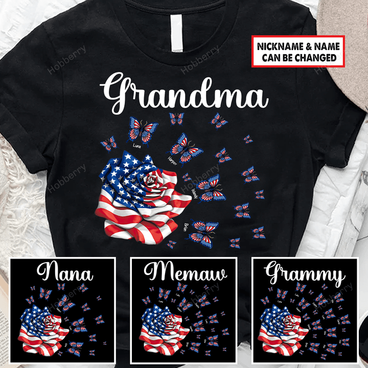 Personalized 4th of July Flower & Butterflies Grandma Shirt With Grandkids Names - Personalized Custom Name Shirt Gift For Grandma & Mom
