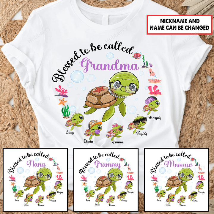 Personalized Blessed To Be Called Grandma Turtle Grandma Shirt With Grandkids Names - Personalized Custom Name Shirt Gift For Grandma & Mom