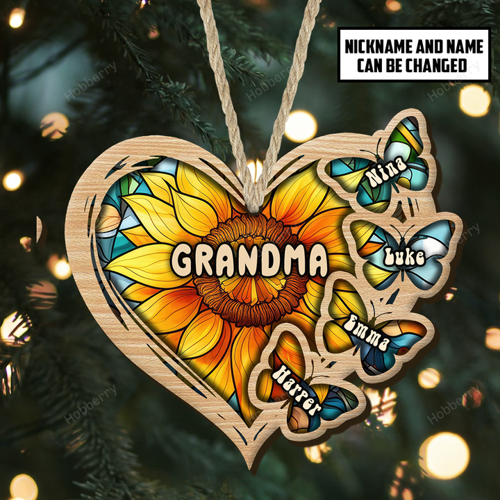 Personalized Grandma Heart With Butterflies Grandkids Name Christmas Ornament For Grandma - Personalized Custom Wooden Ornament