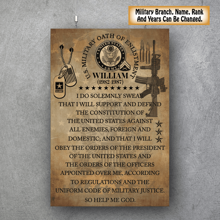 Personalized Military Veteran Oath Of Enlistment Custom Branch Rank Poster & Canvas Wall Art Room Home Decoration Remembrance Veterans Day Memorial Day Gift For Veteran Military Soldier