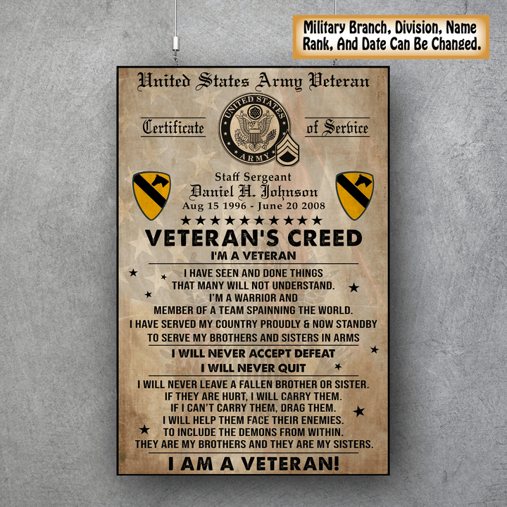 Personalized Military Veteran's Creed Custom Branch Rank Name Division Poster & Canvas Wall Art Room Home Decoration Remembrance Veterans Day Memorial Day Gift For Veteran Military Soldier