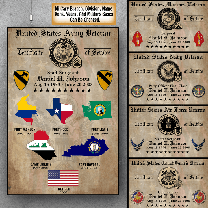 Personalized Military Veteran Certificate of Service World Tour Custom Branch Rank Name Division Poster & Canvas Wall Art Room Home Decoration Remembrance Veterans Day Memorial Day Gift For Veteran