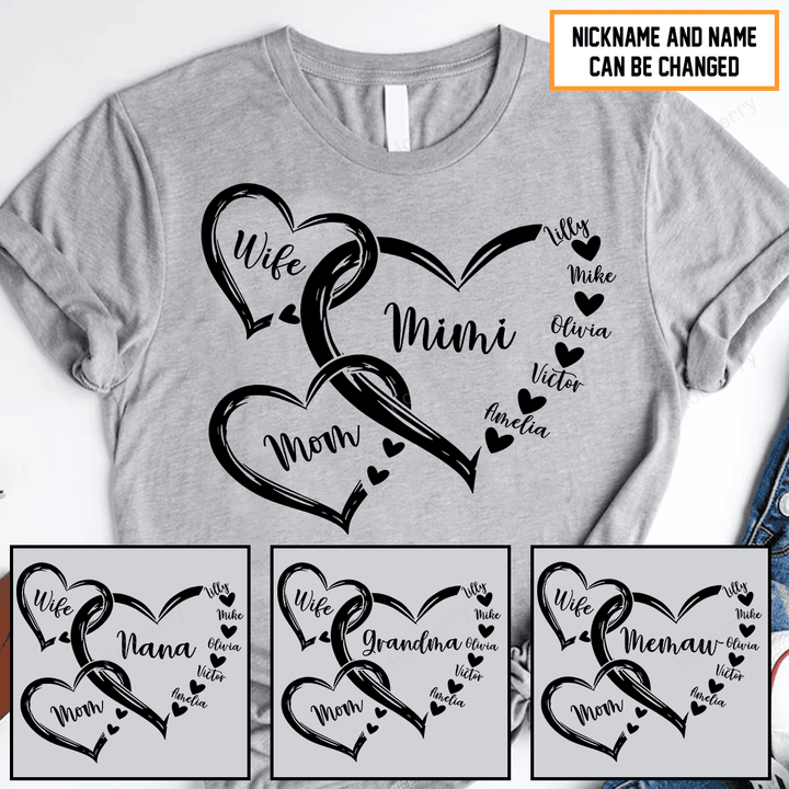 Personalized Mom Wife Mimi Heart Grandma Shirt With Grandkids Names - Personalized Name Shirt Custom Gift For Grandma & Mom