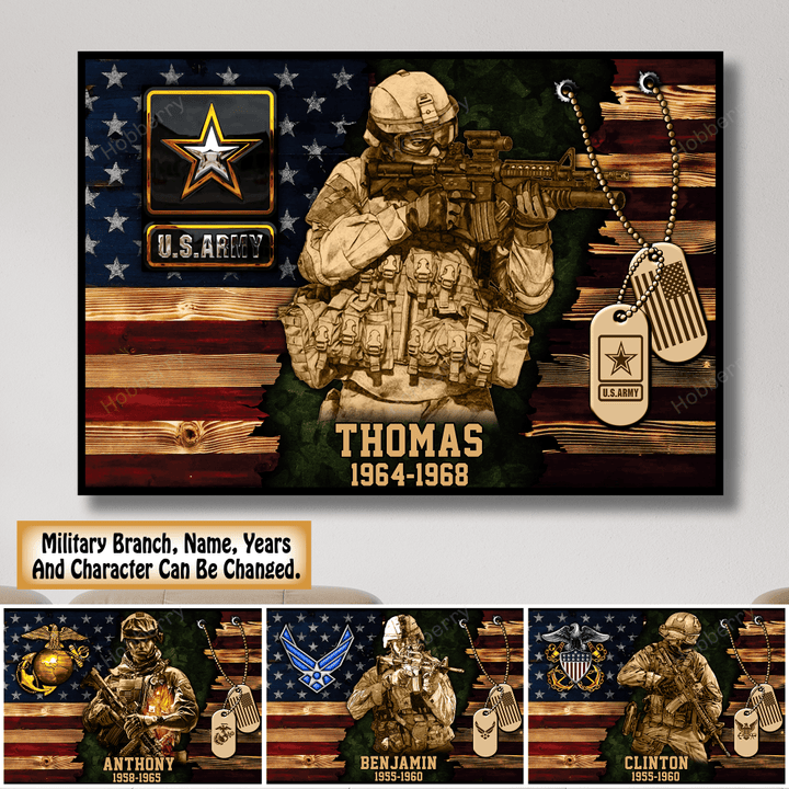 Personalized Military Army Navy Air Force Marine Veteran With Name Branch Rank Year Custom Poster & Canvas Wall Art Room Home Decoration Remembrance Veterans Day Memorial Day Gift