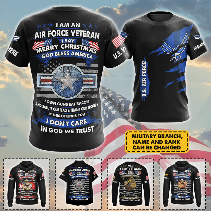 Personalized Air Force Military Veteran Shirt Merry Christmas God Bless America Veterans Day Memorial Day Gift T-shirt Zip Hoodie Sweatshirt Polo Shirt