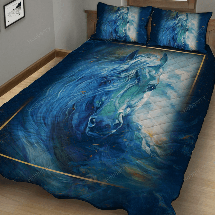 Aesthetic Blue Wave Horse 3D Quilt Set
