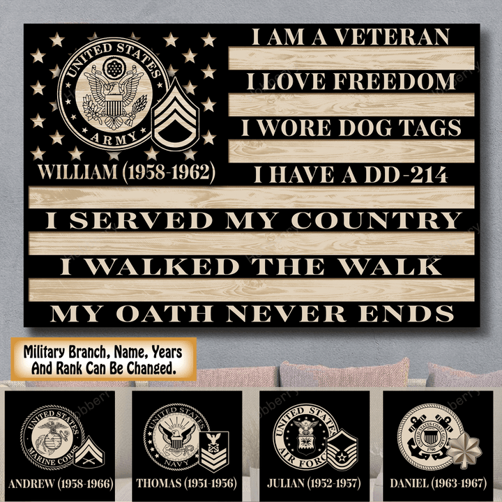 Personalized Military Veteran Love Freedom Served Country Walked The Walk My Oath Never Ends Custom Poster & Canvas Wall Art Room Home Decoration Remembrance Veterans Day Memorial Day Gift