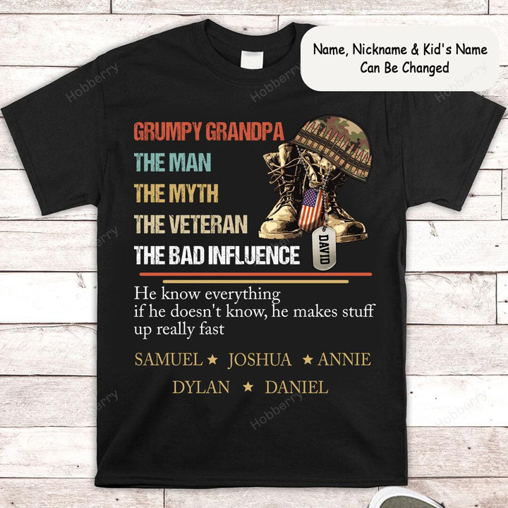 Personalized Grumpy Grandpa The Man The Myth The Veteran The Bad Influence Shirt