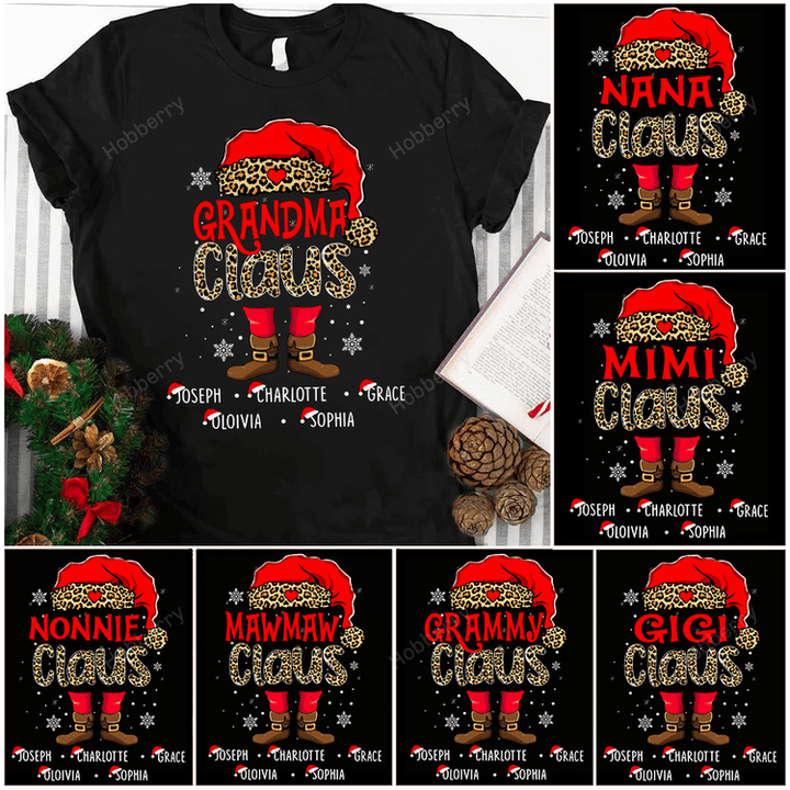 Personalized Grandma Claus Leopard With Grandkids Shirt Gift For Grandma