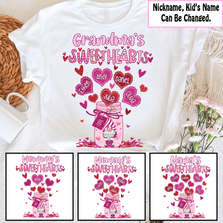 Mother's Day Grandma's Sweethearts Pink Honey Jar Gnome Nana Grandma Shirt With Grandkids Names - Personalized Custom Shirt Gift For Grandma & Mom