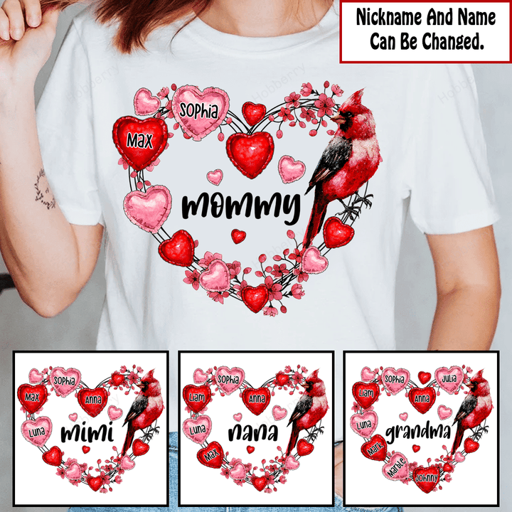 Personalized Grandma/Mommy With Grandkids Hearts Cardinal Shirt Gift For Grandma & Mom