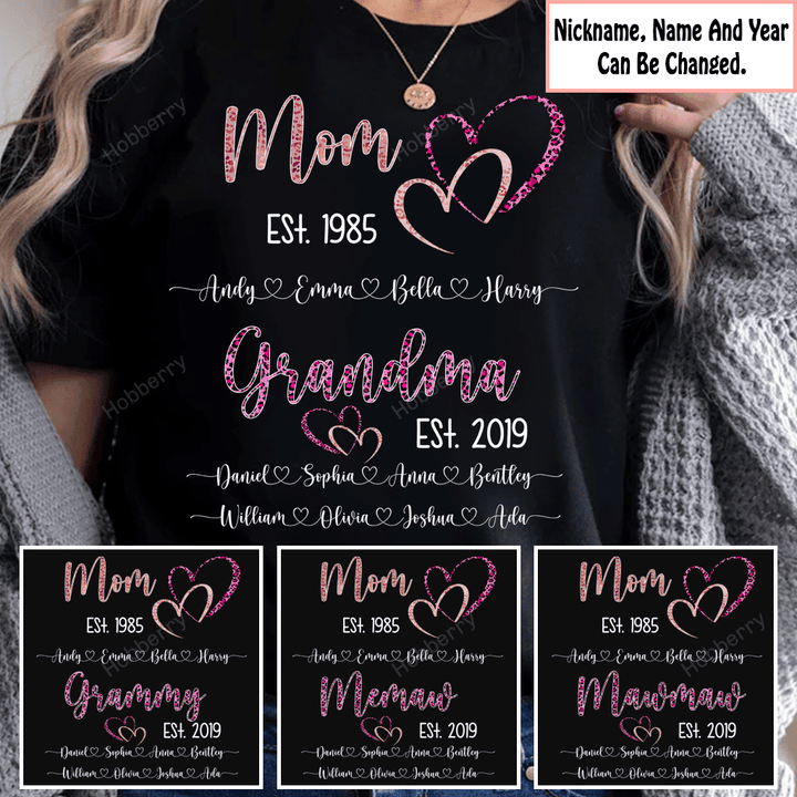 Personalized Mom Est Grandma Est And Kids Name Heart Leopard Shirt Gift For Grandma & Mom