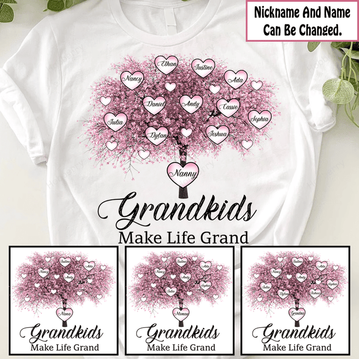 Grandkids Make Life Grand Cherry Blossom Tree Love Hearts Nana Grandma Shirt With Grandkids Names - Personalized Custom Name Shirt Gift For Grandma & Mom