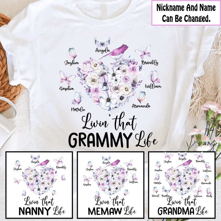 Living that grandma life flower bird with grandkids butterfly - Personalized Custom Shirt Gift For Grandma & Mom