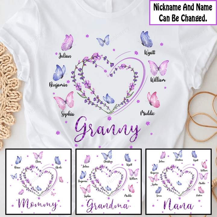Granny Flower Heart with Butterfly Grandkids - Personalized Custom Name Shirt Gift For Grandma & Mom