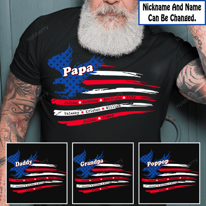 Grandpa Eagle American Flag With Grandkids Name - Personalized Custom Name Shirt Gift For Grandpa & Dad