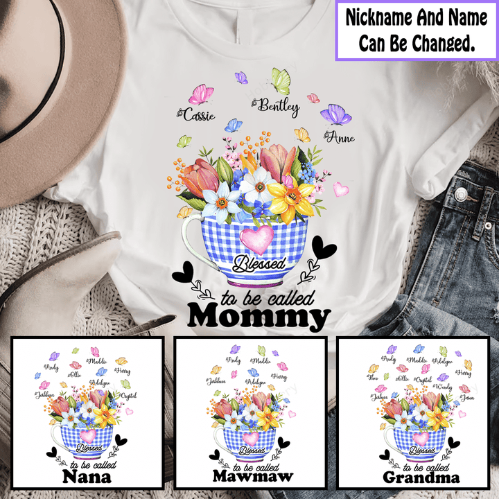 Grandma Summer Cup of Flowers with Grandkids Name - Personalized Custom Name Shirt Gift For Grandma & Mom