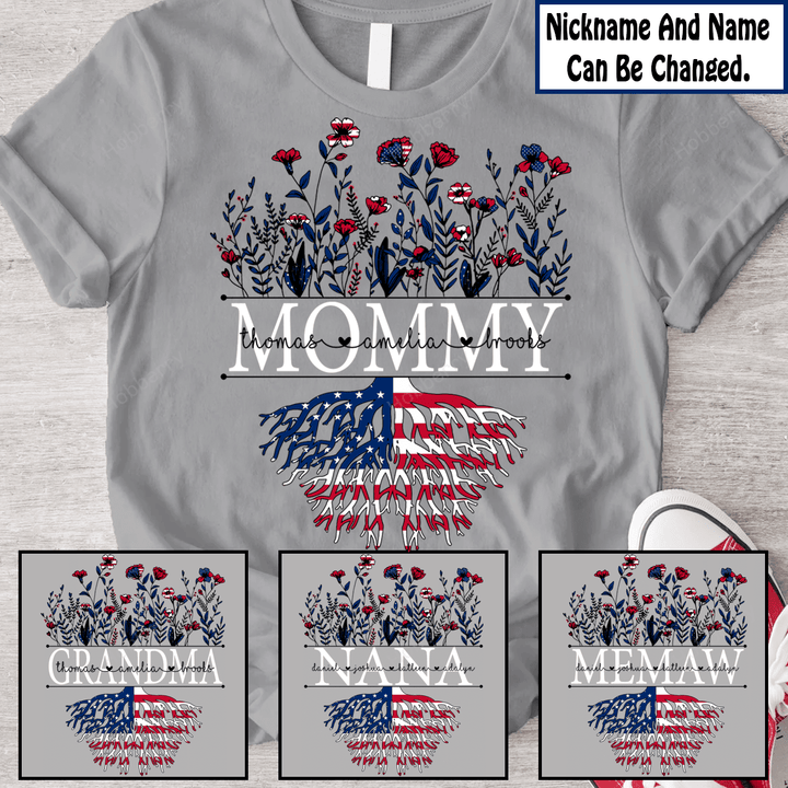 Mommy Shirt Wildflower American Flag Nana Grandma Shirt With Grandkids Names Independence Day - Personalized Custom Name Shirt Gift For Grandma & Mom