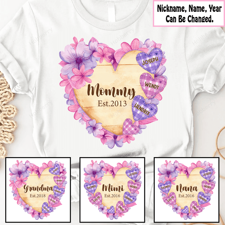 Grandma Est Year Heart With Wildflowers Nana Grandma Shirt With Grandkids Names - Personalized Custom Name Shirt Gift For Grandma & Mom