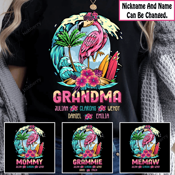 Summer Grandma Retro Crane Wave Palm Tree Nana Grandma Shirt With Grandkids Names - Personalized Custom Name Shirt Gift For Grandma & Mom