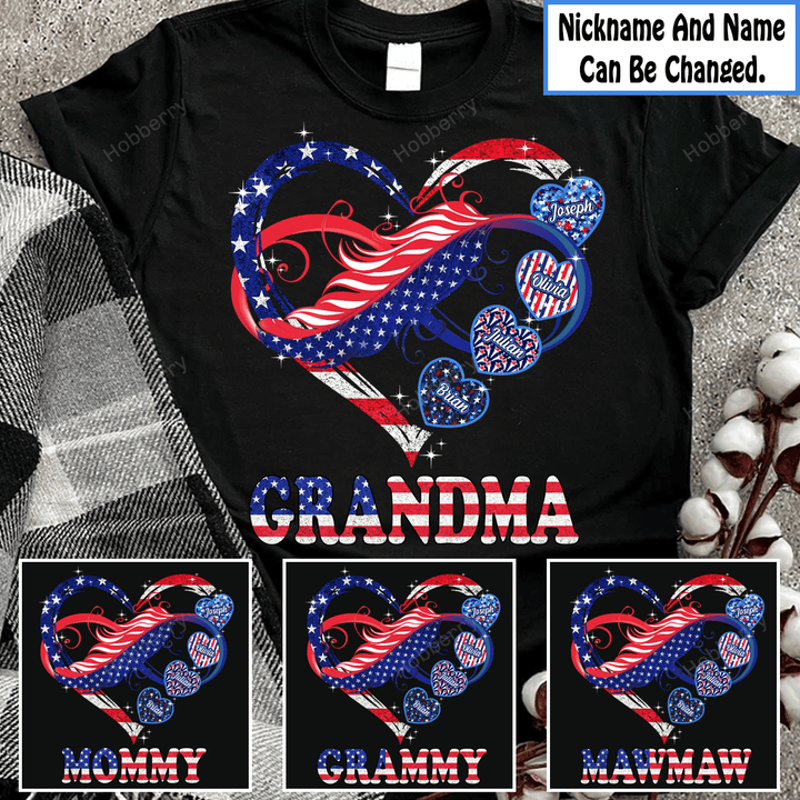 Grandma And Grandkids Hearts American Flag Independence Day Grandma Shirt With Grandkids Names - Personalized Custom Name Shirt Gift For Grandma & Mom