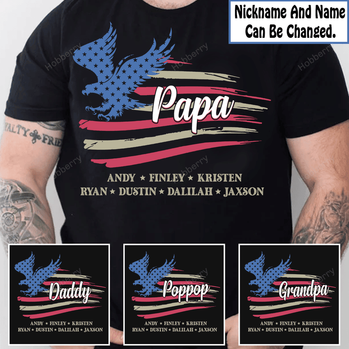 Papa Distressed American Eagle Flag 4th Of July Dad Grandpa Shirt With Kids Names - Personalized Custom Name Shirt Gift For Grandpa & Dad