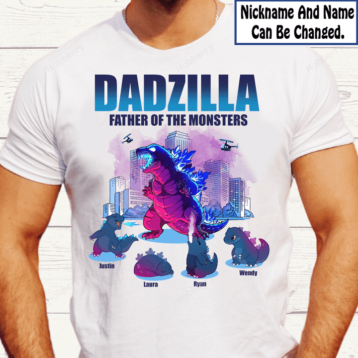 Father's Day Dadzilla Father Of The Monsters Daddy Dad Shirt With Kids Names - Personalized Custom Name Shirt Gift For Grandpa & Dad