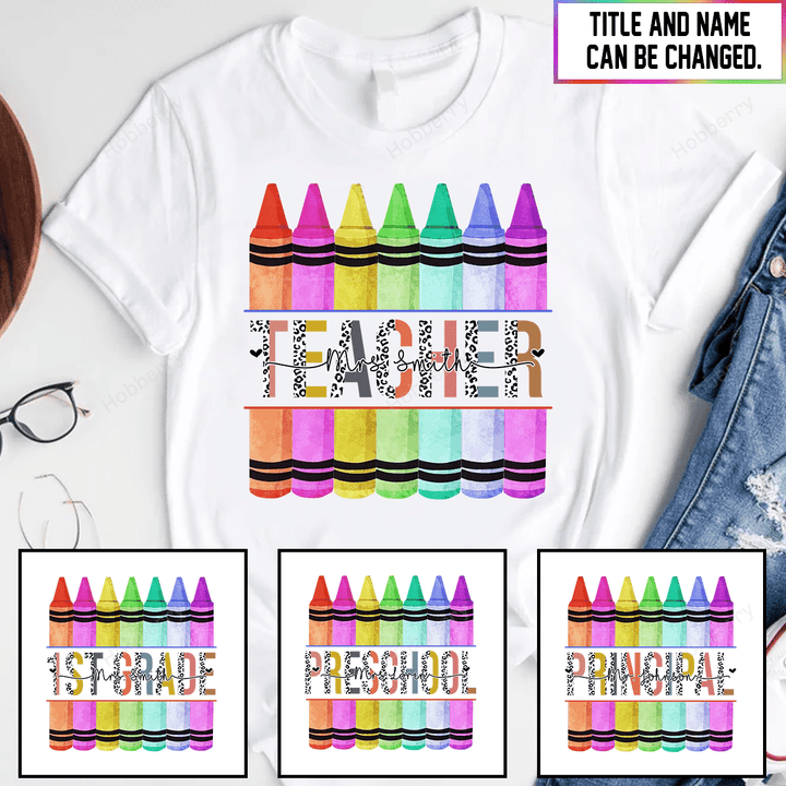 Leopard Teacher Colorful Crayon T-shirt With Names - Personalized Custom Name Shirt Back To School Gift