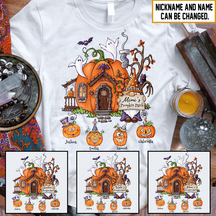 Mimi's Pumpkin Patch Halloween Fall Season Grandma Shirt With Grandkids Names - Personalized Custom Name Shirt Gift For Grandma & Mom