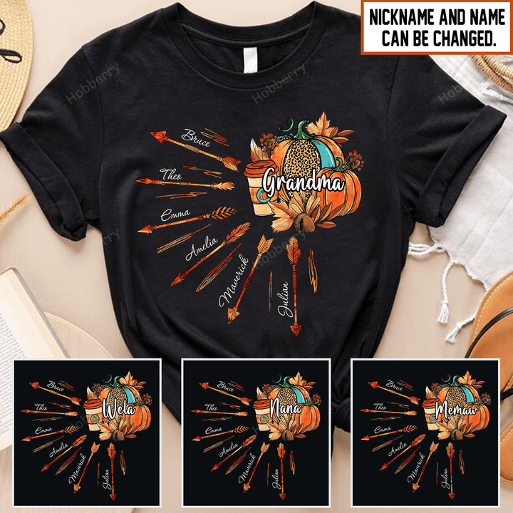 Grandma Pumpkin Arrow Fall Season Grandma Shirt With Grandkids Names - Personalized Custom Name Shirt Gift For Grandma & Mom