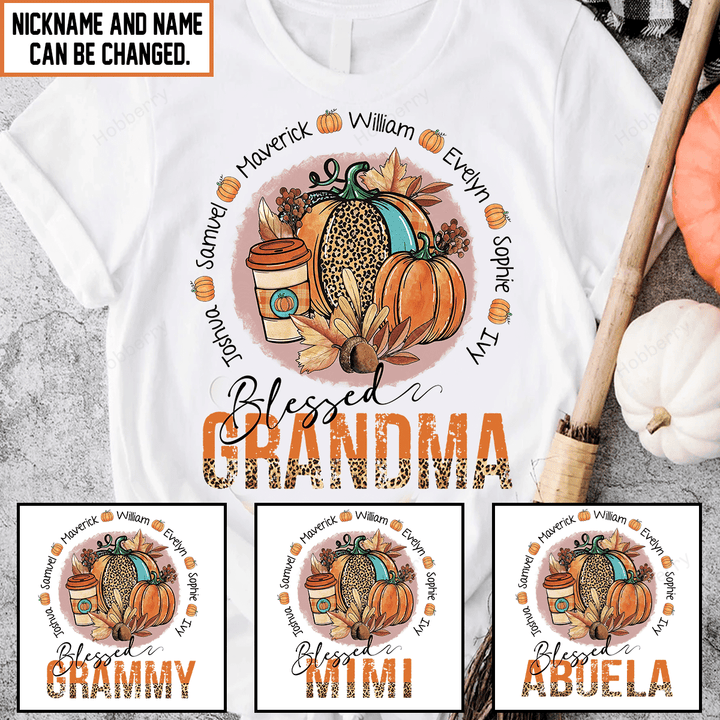 Blessed Grandma Fall Season Grandma Shirt With Grandkids Names - Personalized Custom Name Shirt Gift For Grandma & Mom