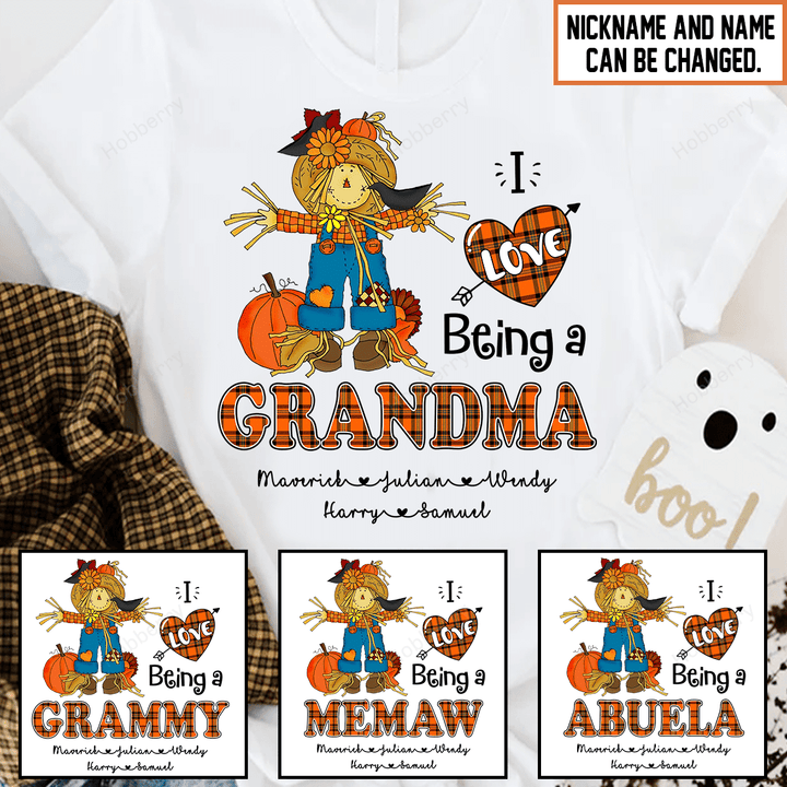 I Love Being A Grandma Fall Season Grandma Shirt With Grandkids Names - Personalized Custom Name Shirt Gift For Grandma & Mom