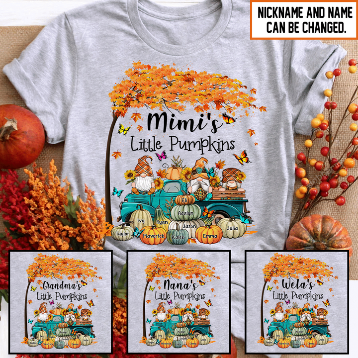 Mimi's Little Pumpkins Gnome Fall Season Grandma Shirt With Grandkids Names - Personalized Custom Name Shirt Gift For Grandma & Mom