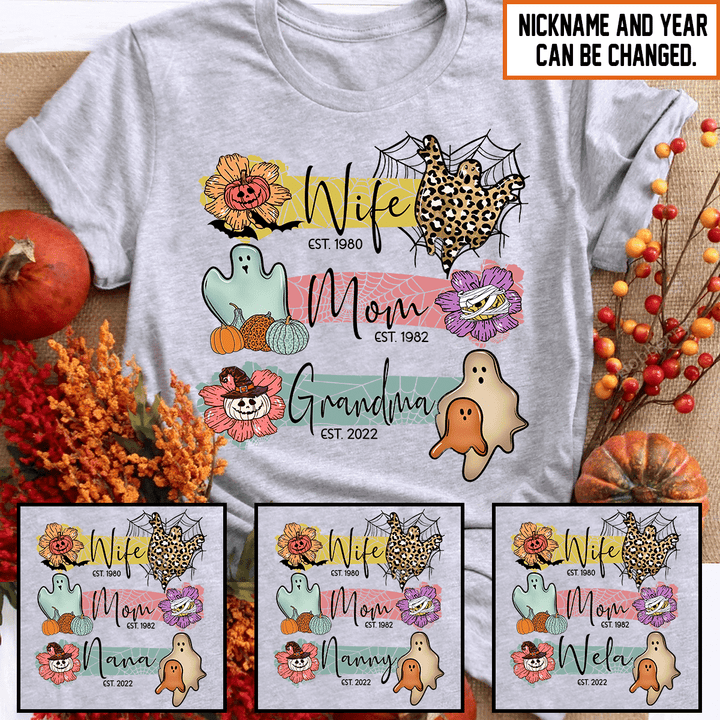 Cute Wife Mom Grandma Halloween Fall Season Grandma Shirt With Grandkids Names - Personalized Custom Name Shirt Gift For Grandma & Mom