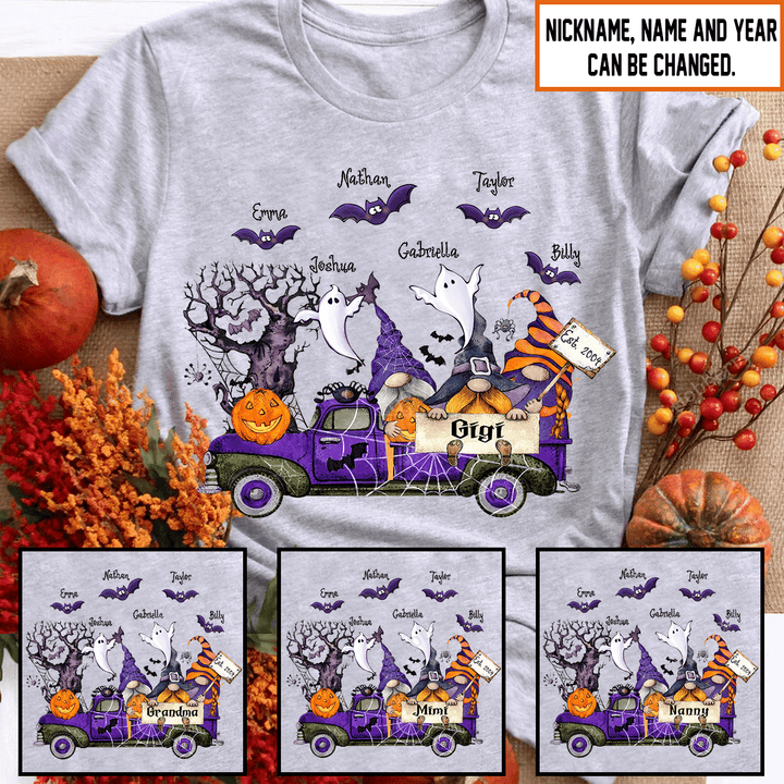 Cute Gnome Gigi's Ghost Crew Halloween Night Grandma Shirt With Grandkids Names - Personalized Custom Name Shirt Gift For Grandma & Mom