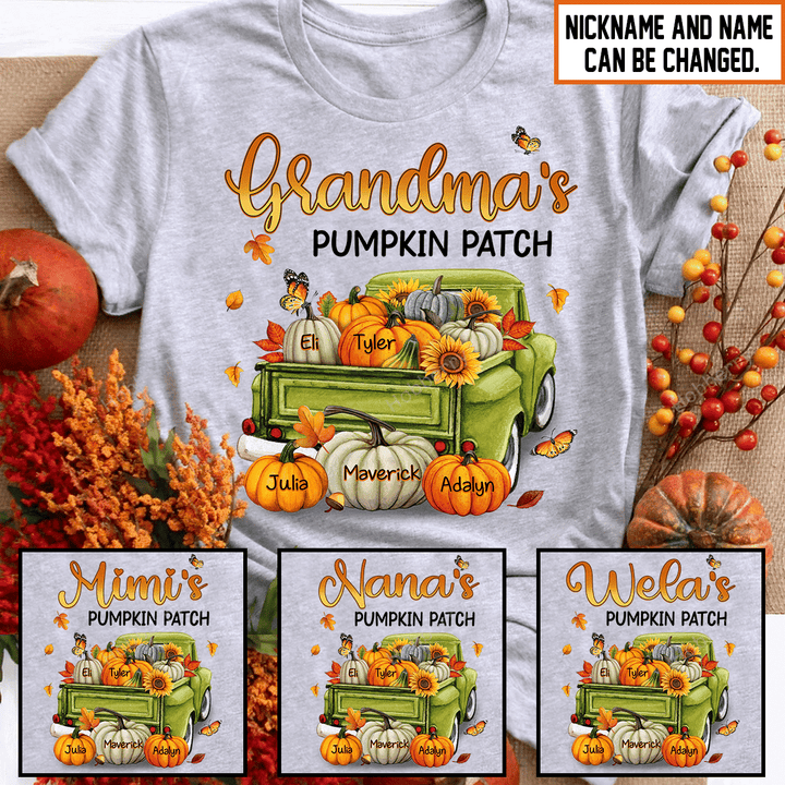 Grandma's Pumpkin Patch Fall Season Grandma Shirt With Grandkids Names - Personalized Name Shirt Custom Gift For Grandma & Mom