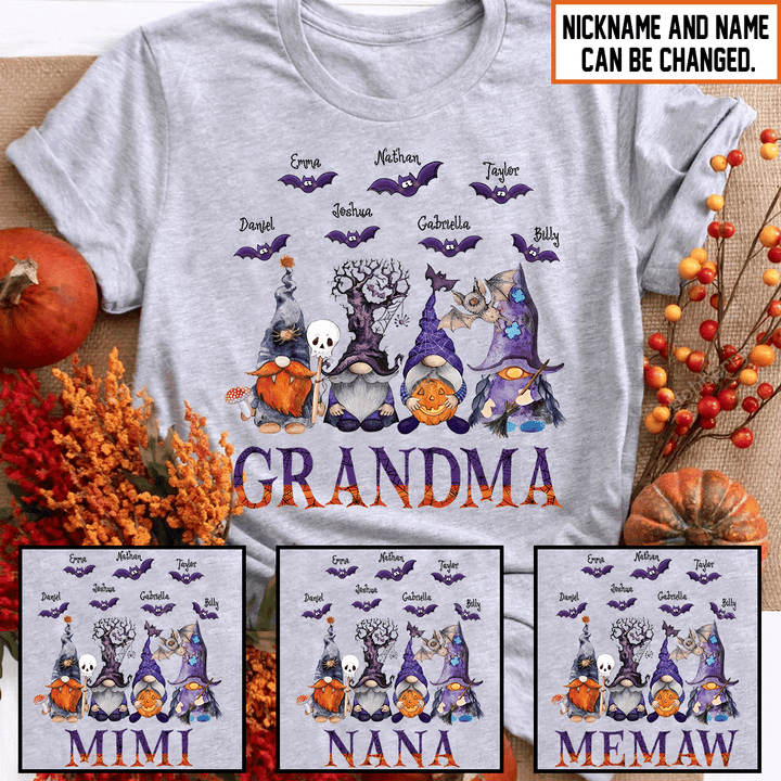 Memaw Mimi Nana Gnome Halloween Grandma Shirt With Grandkids Names - Personalized Name Shirt Custom Gift For Grandma & Mom