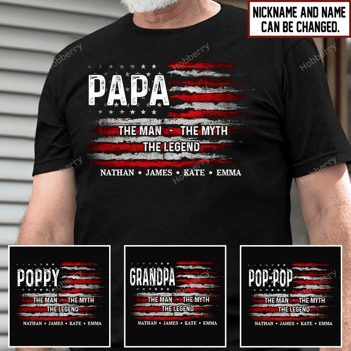 Hobberry Veteran's Day Papa The Man The Myth The Legend American Flag Personalized US Veteran Shirt With Grandkids Name