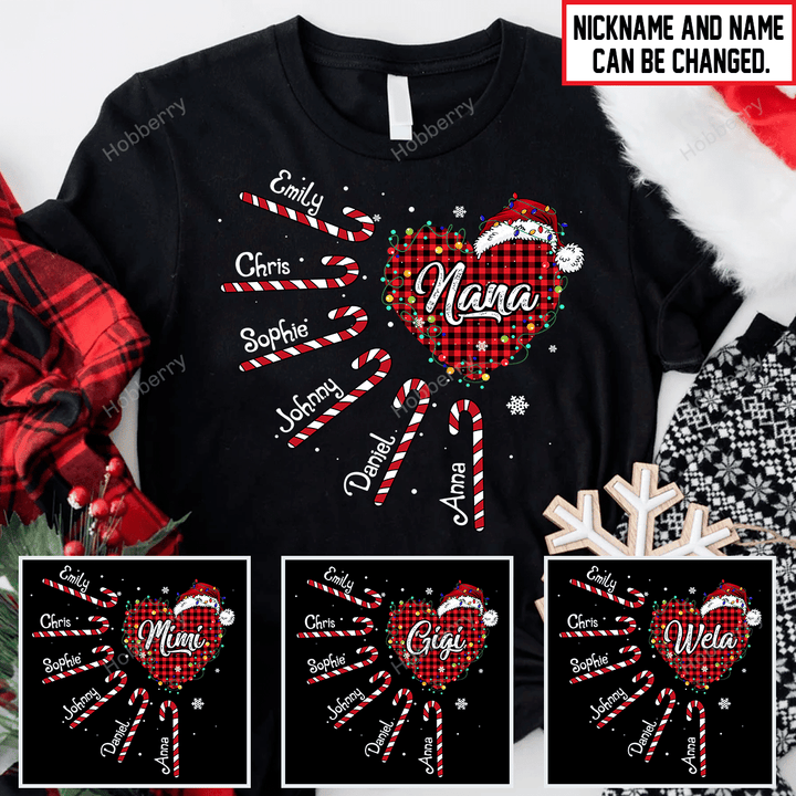 Nana Heart Winter Christmas Season Grandma Shirt With Grandkids Names - Personalized Name Shirt Custom Gift For Grandma & Mom