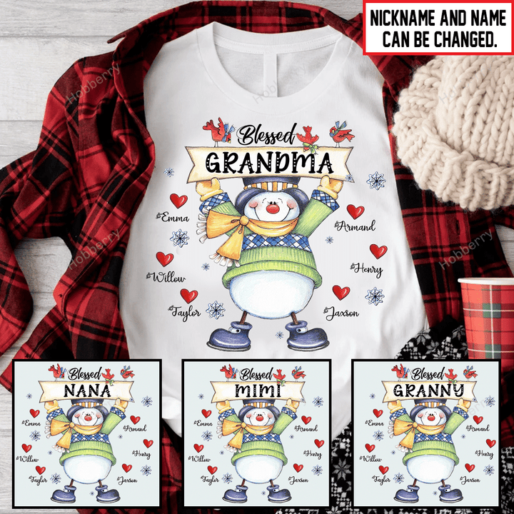 Blessed Grandma Snowman Winter Christmas Season Grandma Shirt With Grandkids Names - Personalized Name Shirt Custom Gift For Grandma & Mom
