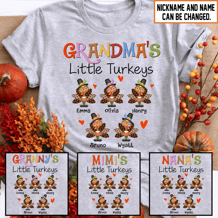 Grandma's Little Turkeys Thanksgiving Grandma Shirt With Grandkids Names - Personalized Name Shirt Custom Gift For Grandma & Mom
