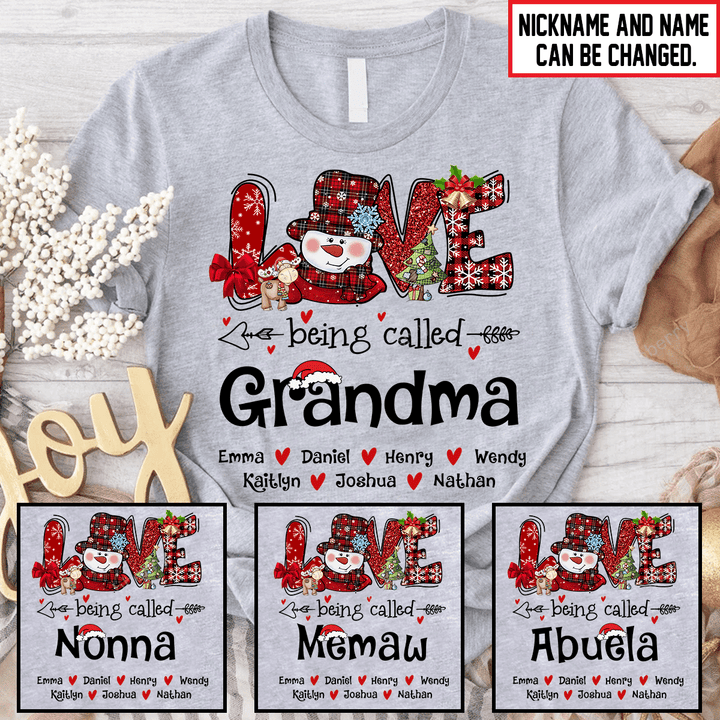 Love Being Called Mimi Nana Memaw Cute Snowman Winter Christmas Season Grandma Shirt With Grandkids Names - Personalized Name Shirt Custom Gift For Grandma & Mom