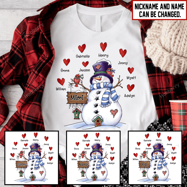 Mimi Cute Snowman Winter Christmas Season Grandma Shirt With Grandkids Names - Personalized Name Shirt Custom Gift For Grandma & Mom