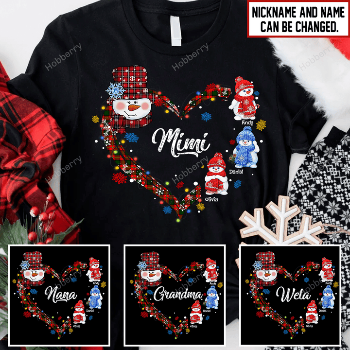 Love Mimi Life Heart Snowman Love Being Nana Christmas Grandma Shirt With Grandkids Names - Personalized Name Shirt Custom Gift For Grandma & Mom